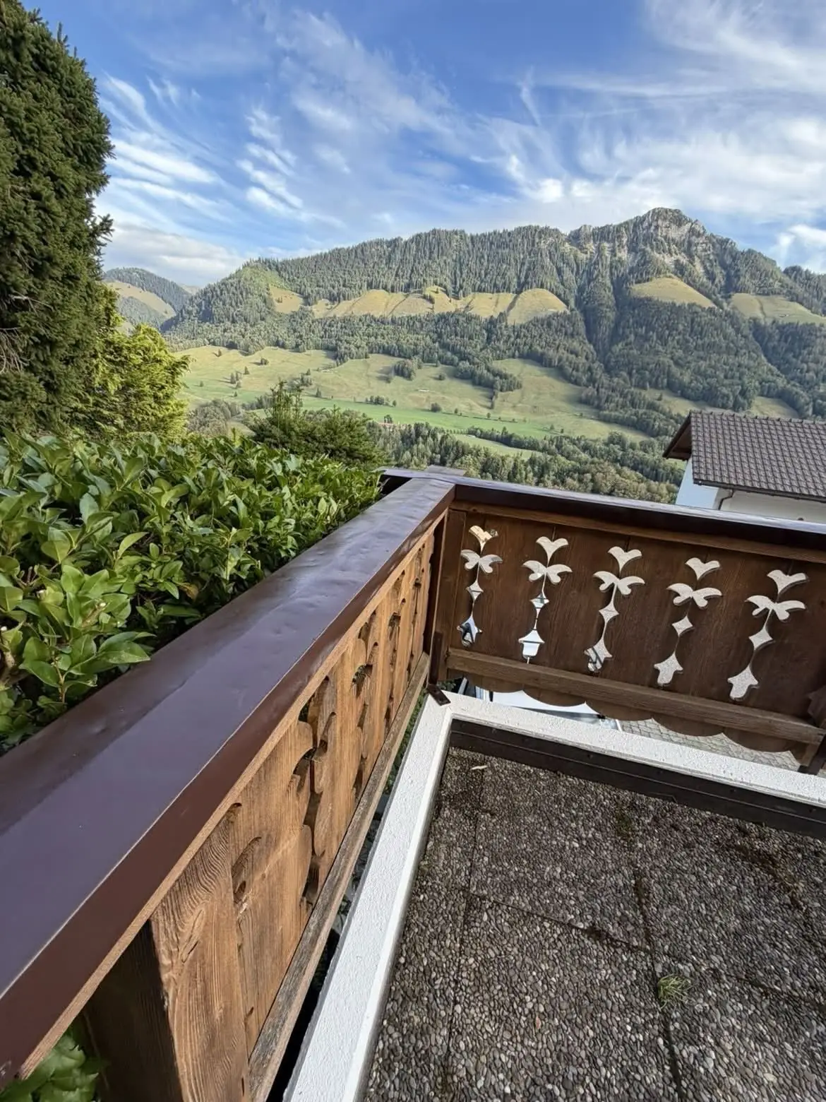 Garde-corps du balcon poncé puis lasuré en deux couches, main courante repeinte en brun