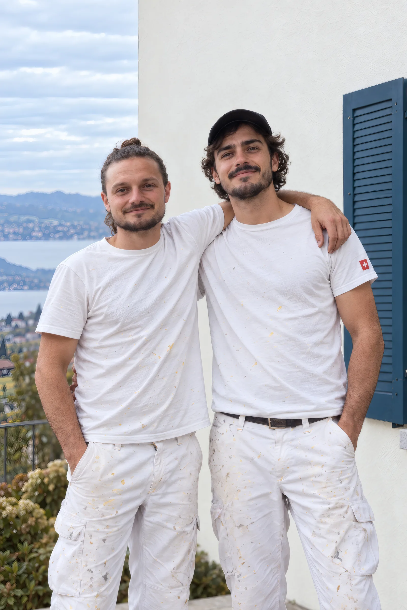 Noah et Benjamin, les deux fondateurs de Meurie Peinture, devant une villa repeinte