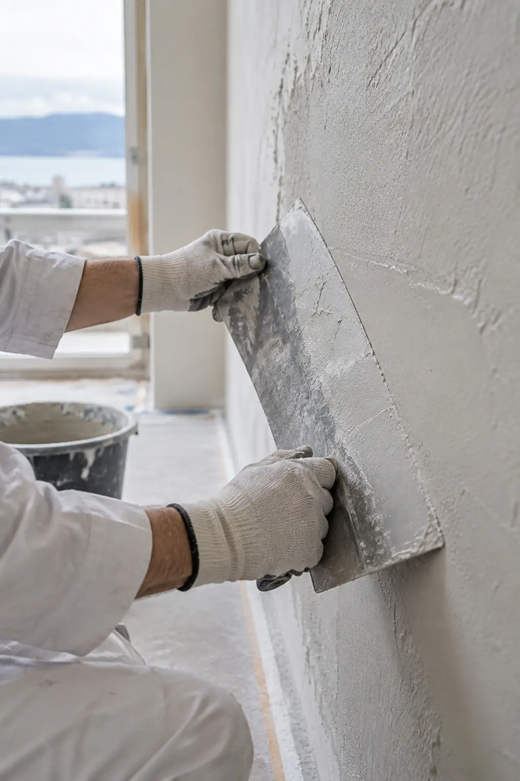 Mains gantées lissant un mur à la taloche